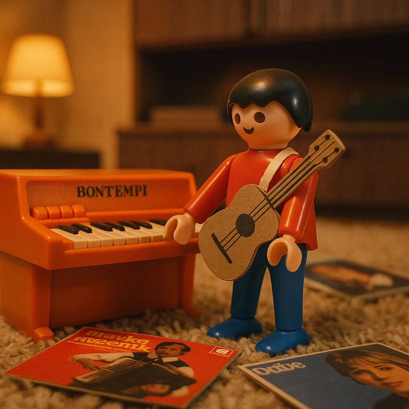 Eine orangene Bontempi und der Verläufer der Mini-Playback-Show